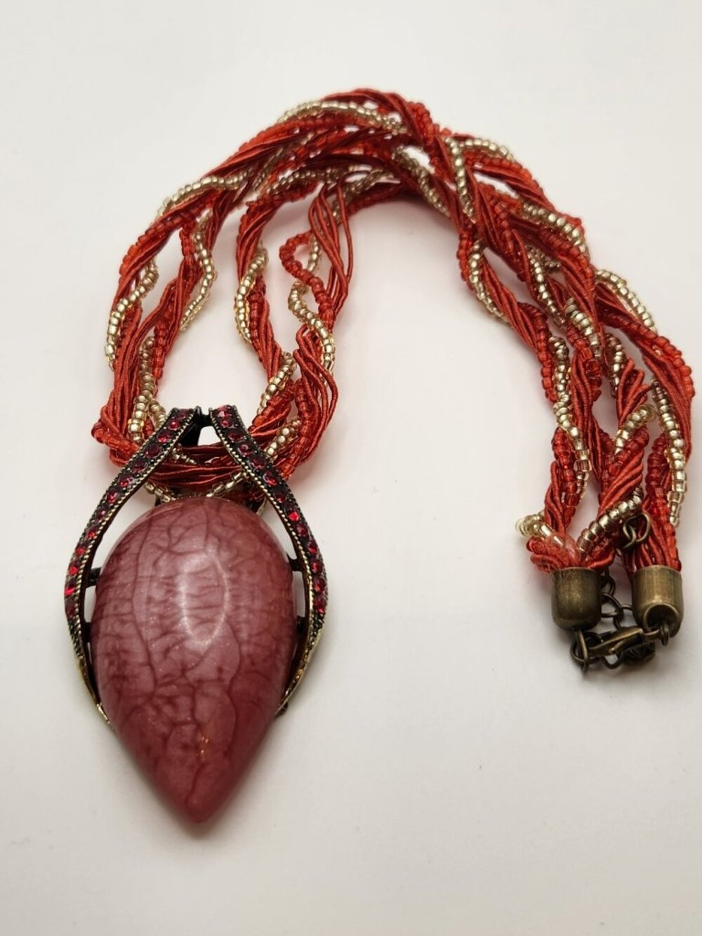 Stone pendant necklace with twist beaded cord gold tone colorful NEW - Picture 5 of 5